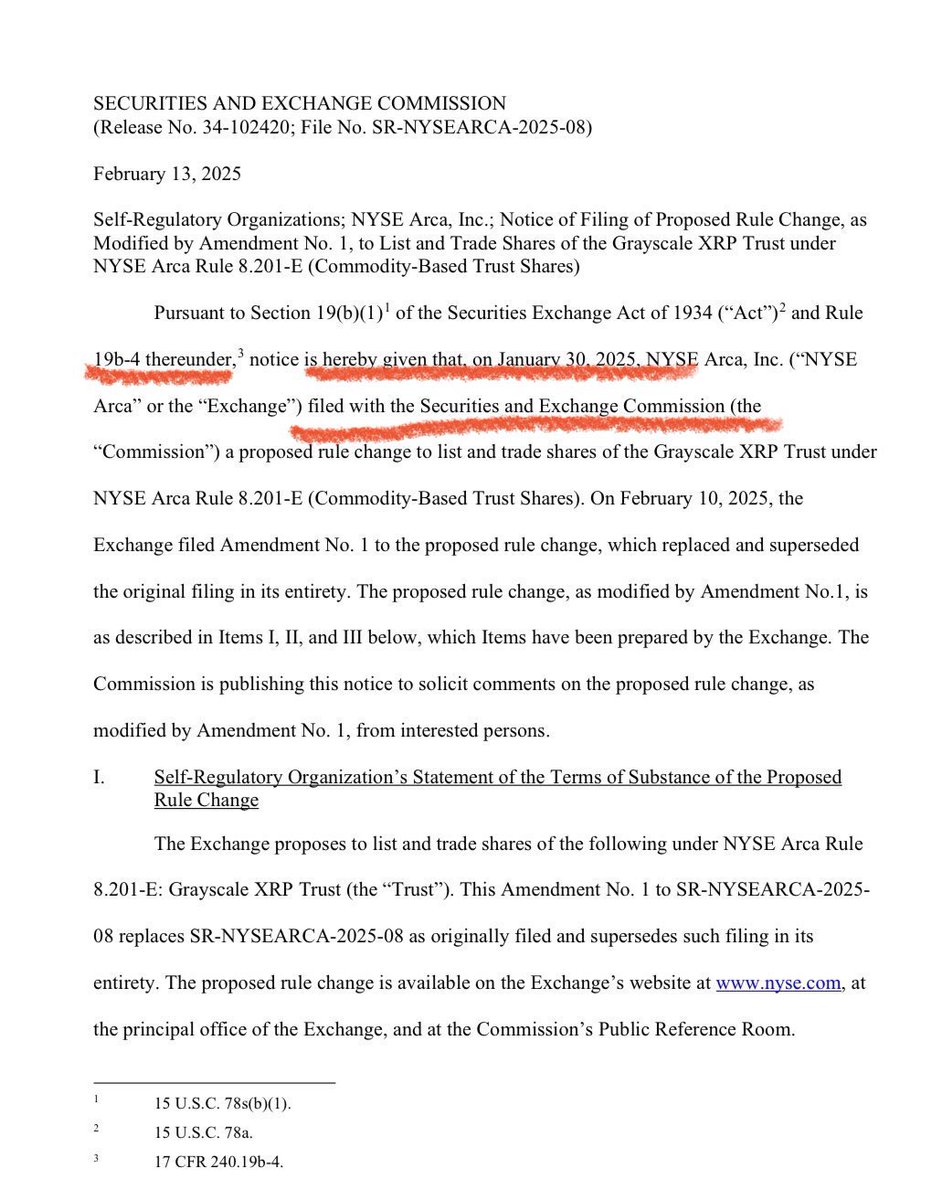 #Sec درخواست‌های 19b-4 مربوط به #XRP را تأیید کرده, فرم 19b-4 سندی است که فایننشیال مارکت ها به SEC می فرستند که یه است ‌جدید لیست بشه، که صندوق های سرمایه گذاری برای #ETF اون اقدام کنند. اگر تایید نهایی بشه، اولین ETF #xrp به طور رسمی، لیست می شه. 🚀