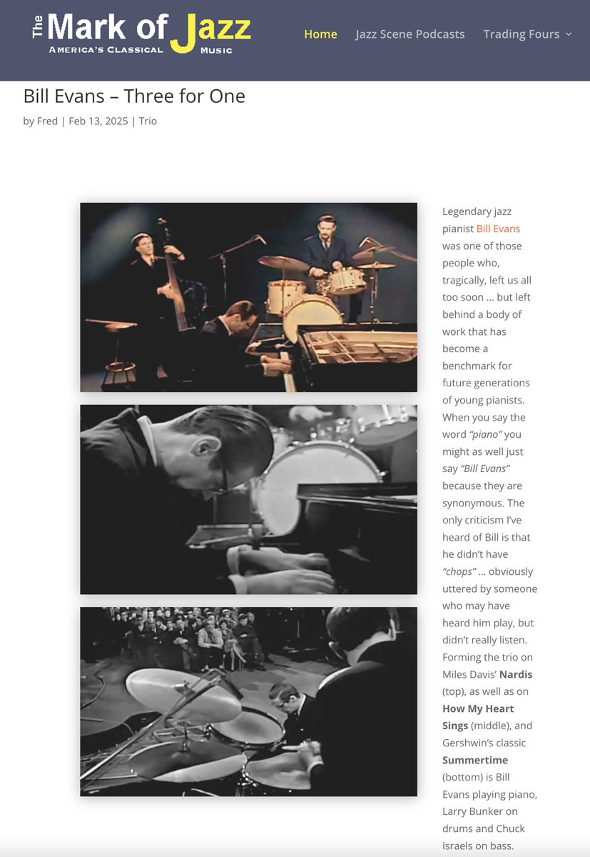 MrkOfJazz's tweet photo. This week at https://t.co/hQZ8EnXrEC it's the Bill Evans Trio. Notice at no time when Bill plays do his fingers ever leave his hands, or his hands his wrists. It just sounds that way! Come hear the magic ... NOW!! https://t.co/1DAwFGWDu1