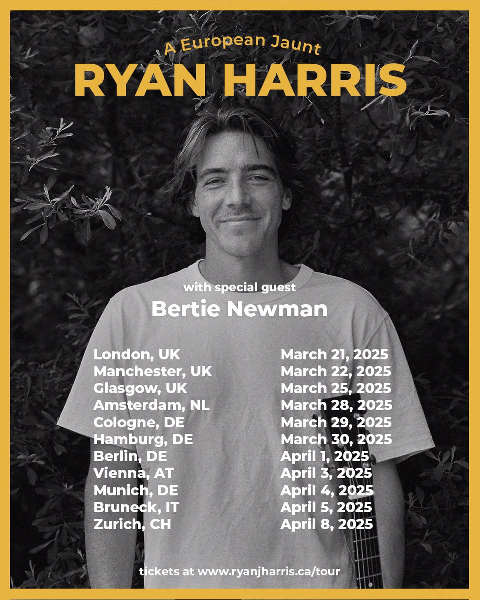 Bertie Newman (@bertienewmusic) on Twitter photo Hello hello!!!! Whattt is going on ?? I am going on tour with Ryan Harris all around Europe 🤯. Never thought I would play a show let alone go on tour. So grateful to Ryan for having me along xx Hello hello!!!! Whattt is going on ?? I am going on tour with Ryan Harris all around Europe 🤯. Never thought I would play a show let alone go on tour. So grateful to Ryan for having me along xx