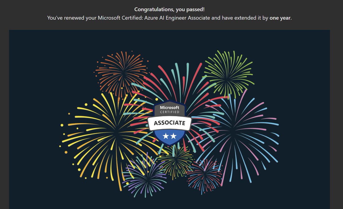 I engage with AI daily, making my Azure AI Engineer Associate certification renewal a rewarding experience.

#Microsoft #ITCertification #AI