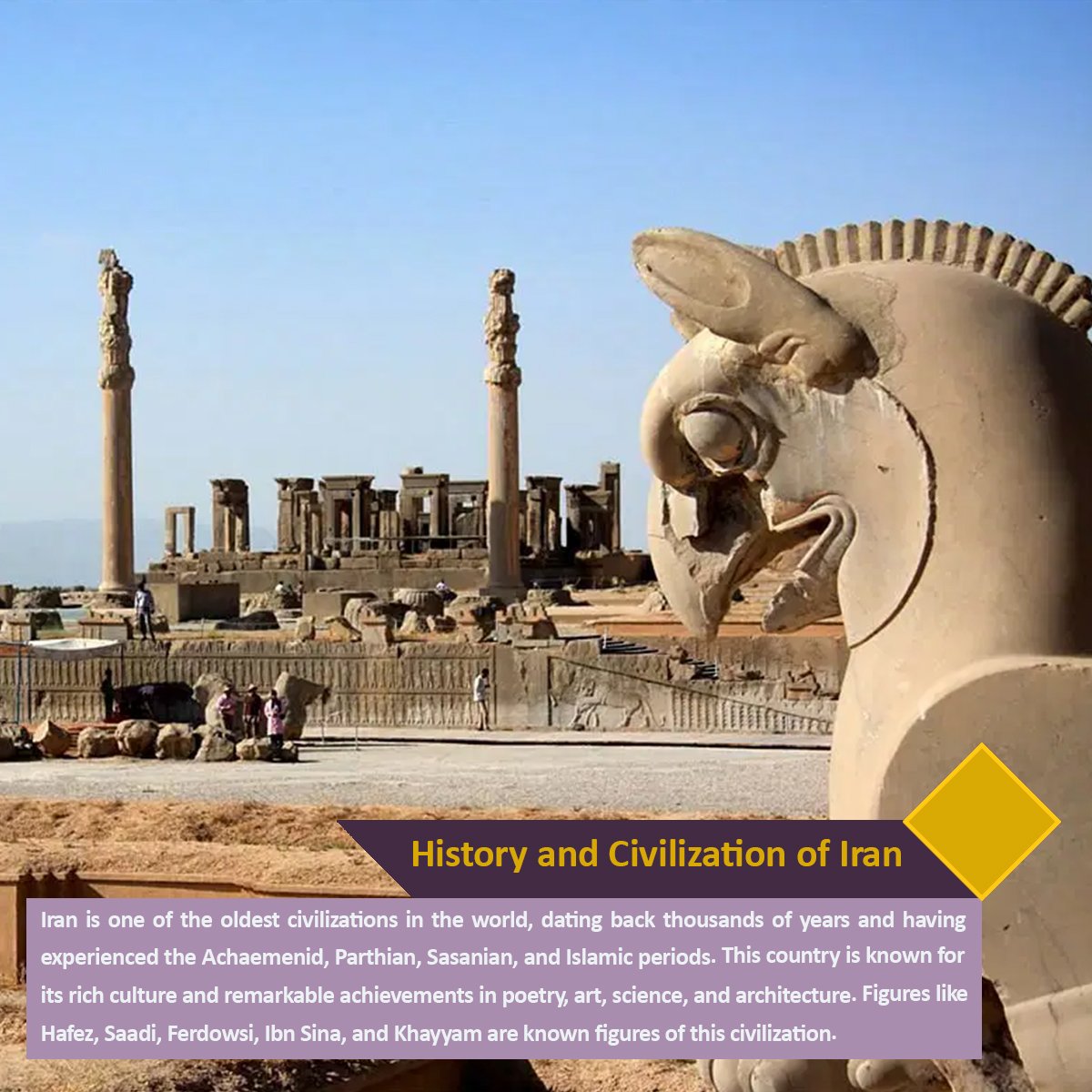 RezvanMedia2020's tweet photo. History and Civilization of #Iran

Iran is one of the oldest civilizations in the #world, dating back thousands of years and having experienced the Achaemenid, Parthian, Sasanian, and #Islamic_periods. https://t.co/8GYcAn2KZa