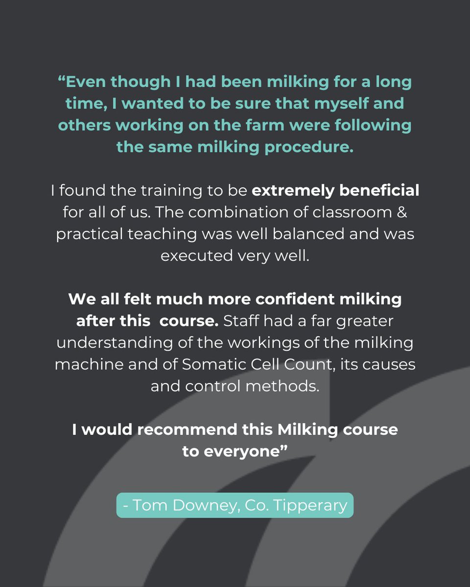 FRSTraining's tweet image. Thinking of upskilling for a better #milking routine?🐄

This Tipp based farmer &amp;amp; his team did our Milking Course last year to improve efficiency, confidence &amp;amp; #MilkQuality.

Ready to do the same? Book now👉 frstraining.com/sectors/agricu…

@teagasc @animalhealthire  @agriculture_ie