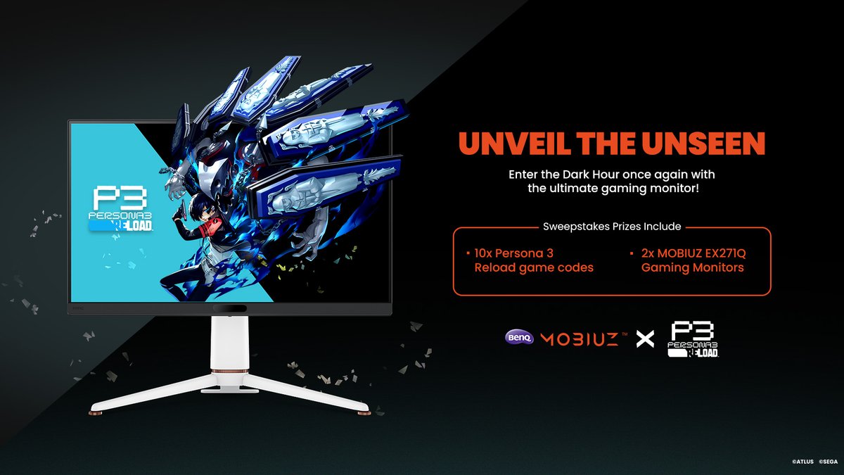 Official ATLUS West (@atlus_west) on Twitter photo Step into the Dark Hour in stunning clarity with the <a href="/MobiuzGaming/">BenQ MOBIUZ Gaming North America</a> sweepstakes! 💙⚡
Enter now for the chance to win a BenQ MOBIUZ Gaming Monitor and Persona 3 Reload game code.
Winners will be announced February 28th!
➡️ atlus.link/Mobiuz-P3R-Swe… Step into the Dark Hour in stunning clarity with the <a href="/MobiuzGaming/">BenQ MOBIUZ Gaming North America</a> sweepstakes! 💙⚡
Enter now for the chance to win a BenQ MOBIUZ Gaming Monitor and Persona 3 Reload game code.
Winners will be announced February 28th!
➡️ atlus.link/Mobiuz-P3R-Swe…