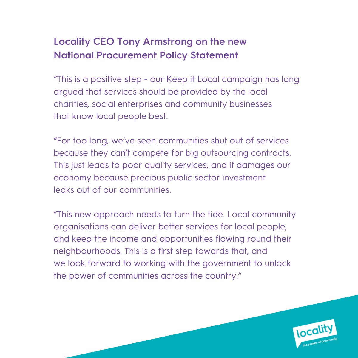 Locality (@localitynews) on Twitter photo A win for our 'Keep it Local' campaign today!
Government has just said public contracts should 'maximise spend with SMEs and VCSE organisations'. 
This could be a first step towards helping local people get better services and building the economy. 
Read our statement here: A win for our 'Keep it Local' campaign today!
Government has just said public contracts should 'maximise spend with SMEs and VCSE organisations'. 
This could be a first step towards helping local people get better services and building the economy. 
Read our statement here: