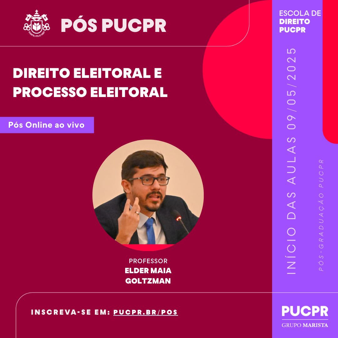 eldergoltzman's tweet photo. Boa tarde!
A quem interessar possa, estou passando para divulgar card da super pós-graduação em direito eleitoral da PUC PR, na qual divido a disciplina de propaganda eleitoral com a sempre ministra Maria Cláudia Buchianeri! Seguem as informações para quem quiser entrar! https://t.co/qPW1vkmvgN