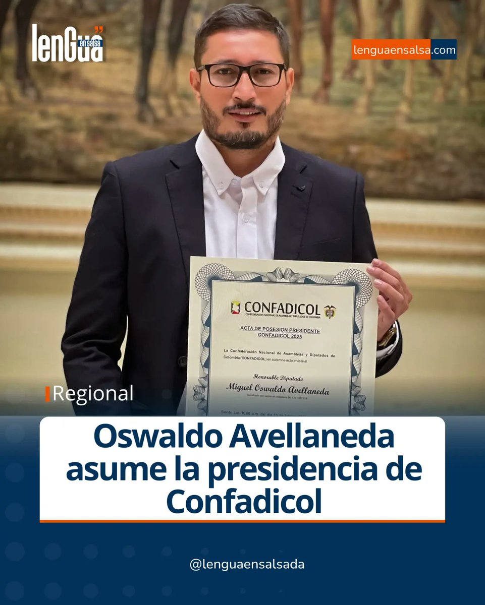 Lenguaensalsada's tweet photo. 🫡 Oswaldo Avellaneda asume la presidencia de @confadicol con el compromiso de fortalecer el poder regional y liderar proyectos clave para el país.
#Confadicol #DiputadosDeColombia #PoderRegional https://t.co/G4WhTaU0z0