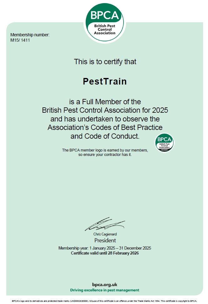 pesttrain's tweet photo. Customers requiring the Pesttrain BPCA certificate for 2025, please save the below image- or email chris@pesttrain.co.uk for a high resolution version. https://t.co/vdHp2acFZi