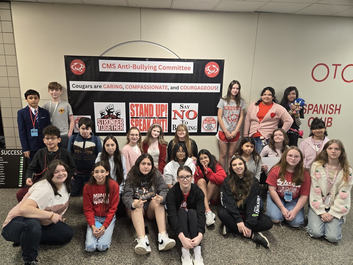 CrosbyISD's tweet photo. To wrap up Hey Week, the @CrosbyMSCougars Anti-Bullying Committee put up two banners today with the messages:
"Let your kindness shine!"
and
"Cougars are caring, compassionate, and courageous."
#committedtoexcellence
#heyweek https://t.co/KjLywe0N1z