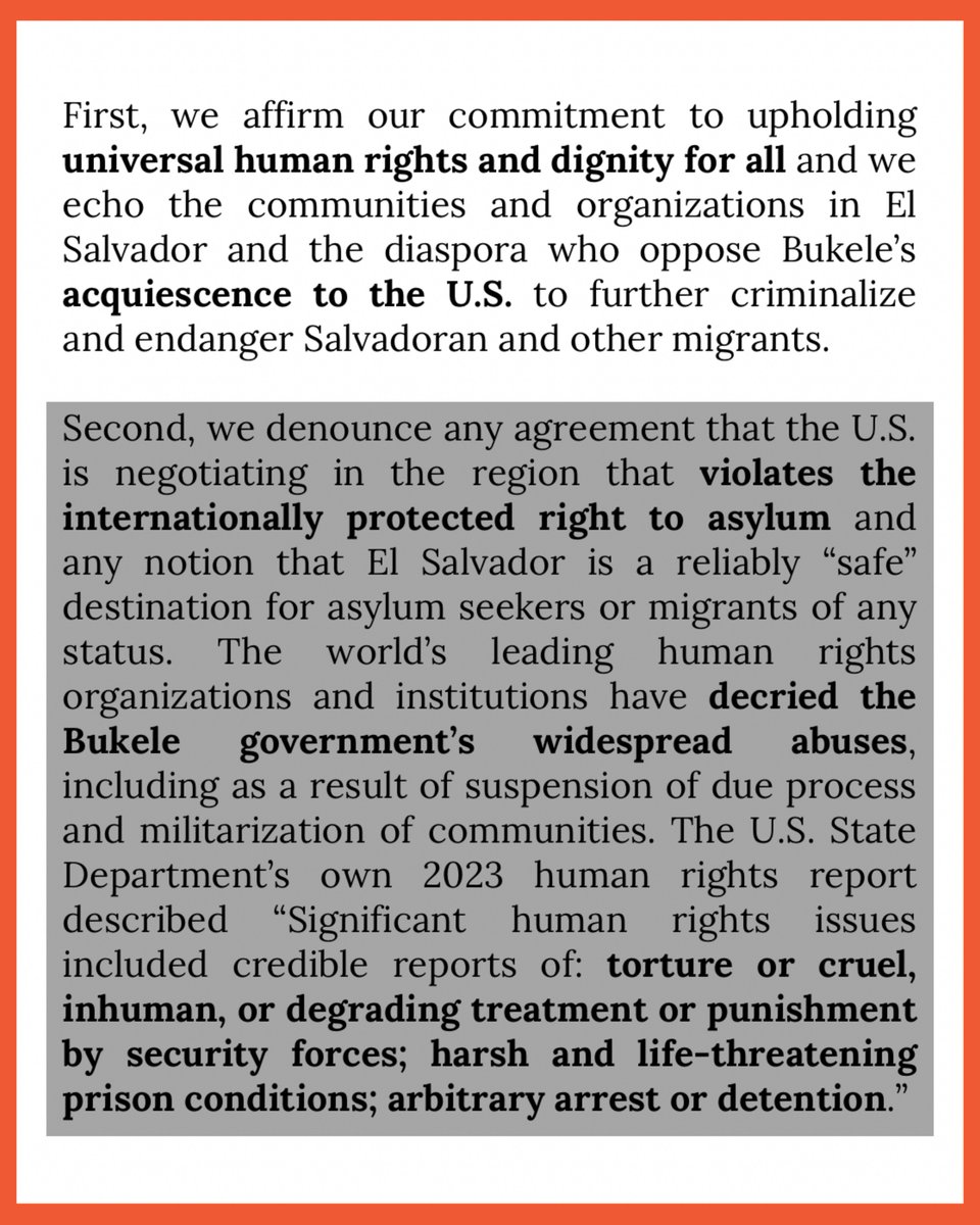 ⚠ Statement: The Trump administration’s plan to collaborate with the authoritarian Bukele regime in El Salvador to deport and incarcerate migrants represents an unprecedented threat to human rights.

Read our statement below⬇ (1/2)