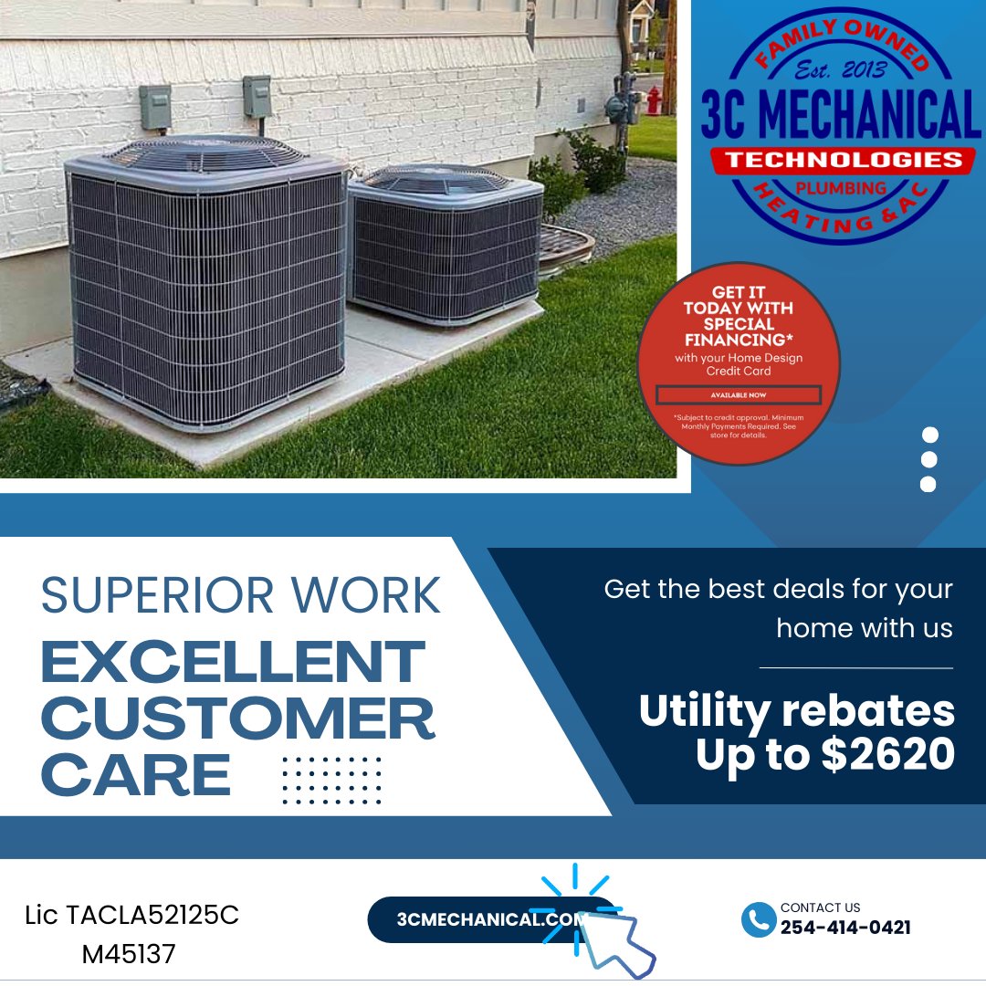 Looking to replace your HVAC system soon?  Look no further.  Call 3C Mechanical to schedule a free in-home consultation for estimates to include instant utility rebates up to $2620.  Don't forget to ask about our special financing options.