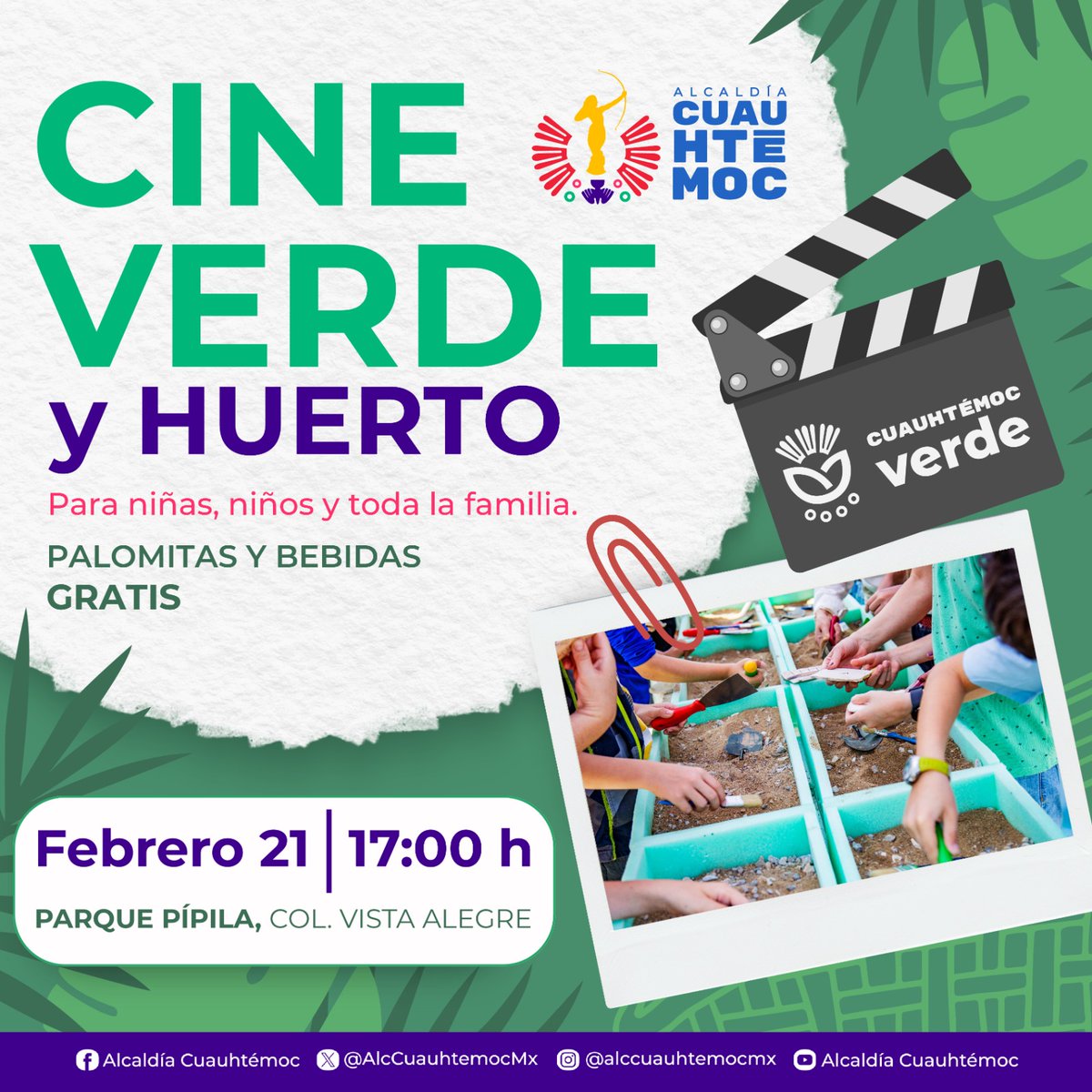 ¡Conéctate con la naturaleza de una forma diferente!🎥🌿
Disfruta de una tarde única con Cine Verde y Huerto en compañía de tu familia o amigos., ¡No te lo pierdas!
📅21 de febrero
⏰17:00 h
📍Parque Pípila