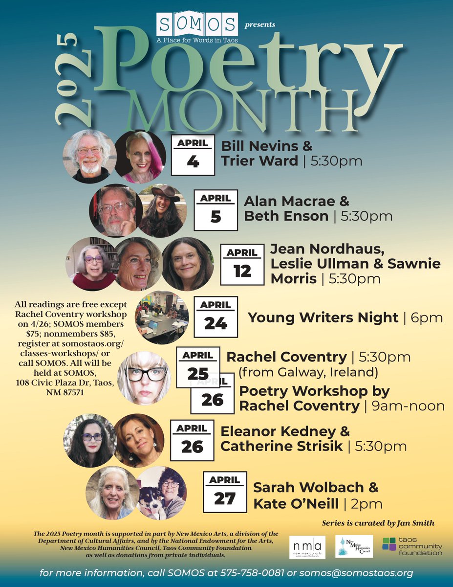 Save the date! Poetry Month 2025 is coming up in April. Register at somostaos.org/classes-worksh… or call SOMOS at 575-758-0081 / email somos@somostaos.org