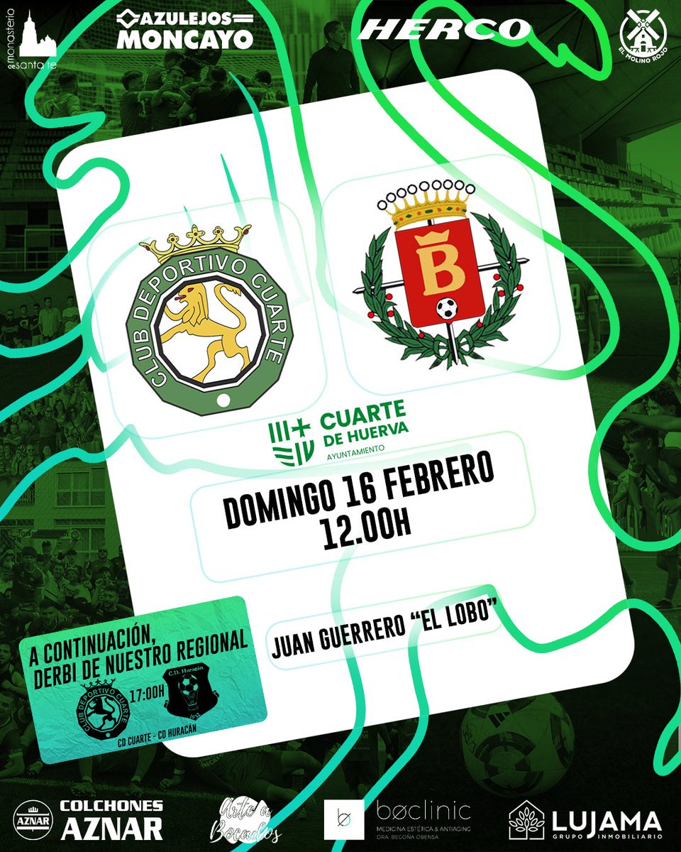 Jornada 2️⃣2️⃣

🆚 <a href="/CD_Belchite97/">𝗖𝗗 𝗕𝗲𝗹𝗰𝗵𝗶𝘁𝗲 𝟵𝟳</a> 
🗓️ Domingo 16 de Febrero
⏰ 12:00
🏟️ Municipal Juan "El Lobo"

Vamos verdes 💪🟢

A las 17:00 nuestro 1ª Regional disputará el derbi frente al <a href="/huracanes/">Huracanes 2018</a> , ¡os esperamos! 👏

#AupaCuarte