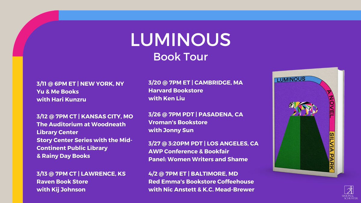 Silvia Park (@silviajpark) on Twitter photo Tour schedule for LUMINOUS, coming March 11 from <a href="/SimonBooks/">Simon & Schuster</a>. In a unified Korea, three estranged siblings—two human, one 🤖—reunite during a criminal investigation to make sense of their shattered childhood.
For those who can make it, hope to see you soon! Tour schedule for LUMINOUS, coming March 11 from <a href="/SimonBooks/">Simon & Schuster</a>. In a unified Korea, three estranged siblings—two human, one 🤖—reunite during a criminal investigation to make sense of their shattered childhood.
For those who can make it, hope to see you soon!