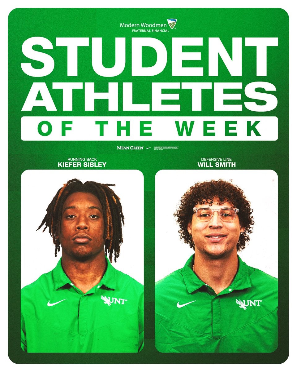 UNT Football (@meangreenfb) on Twitter photo Congrats to our Student-Athletes of the Week, <a href="/KieferSibley/">Kiefer Sibley</a> and <a href="/8Will_Smith8/">Will Smith</a> ! 💯📚
#GMG🦅 Congrats to our Student-Athletes of the Week, <a href="/KieferSibley/">Kiefer Sibley</a> and <a href="/8Will_Smith8/">Will Smith</a> ! 💯📚
#GMG🦅