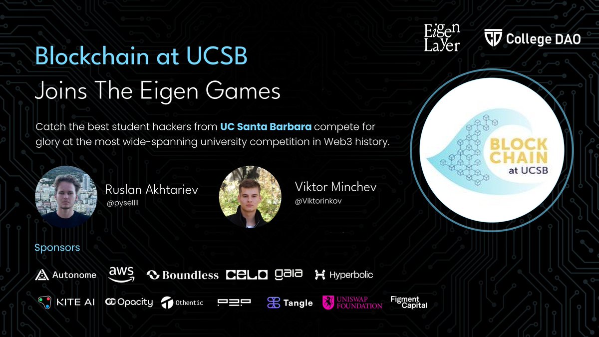 buildoneigen's tweet image. Announcing our 15th University Tributes:

@pysellll and @Viktorinkov from @BlockchainUCSB have entered the Eigen Games arena…