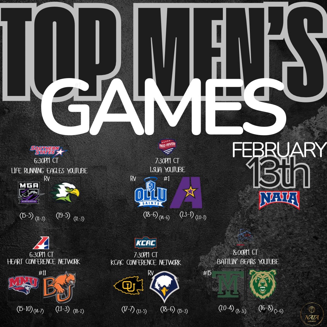 NAIA Hoops Report (@naiahoopsreport) on Twitter photo Top Men's Games
<a href="/MGAKnights/">Middle Georgia State Knights</a> @ RV <a href="/LifeUMBB/">Life U Men's Basketball</a>
RV <a href="/OLLUMENBBALL/">OLLU MEN'S Basketball</a> @ No. 1 <a href="/LSUA_MBB/">LSUA MBB</a>
<a href="/MNUHoops/">MNU HOOPS</a> @ No. 11 <a href="/BU_Hoops/">Baker Men’s Basketball</a>
<a href="/braveshoops/">Ottawa Men's Hoops</a> @ RV <a href="/OKWUeagles_MBB/">OKWU Men’s Basketball</a>
No. 15 <a href="/MTechHoops/">Montana Tech Basketball 🏀⚒️</a> @ <a href="/RockyMtnMBB/">Rocky Men's Basketball</a> Top Men's Games
<a href="/MGAKnights/">Middle Georgia State Knights</a> @ RV <a href="/LifeUMBB/">Life U Men's Basketball</a>
RV <a href="/OLLUMENBBALL/">OLLU MEN'S Basketball</a> @ No. 1 <a href="/LSUA_MBB/">LSUA MBB</a>
<a href="/MNUHoops/">MNU HOOPS</a> @ No. 11 <a href="/BU_Hoops/">Baker Men’s Basketball</a>
<a href="/braveshoops/">Ottawa Men's Hoops</a> @ RV <a href="/OKWUeagles_MBB/">OKWU Men’s Basketball</a>
No. 15 <a href="/MTechHoops/">Montana Tech Basketball 🏀⚒️</a> @ <a href="/RockyMtnMBB/">Rocky Men's Basketball</a>