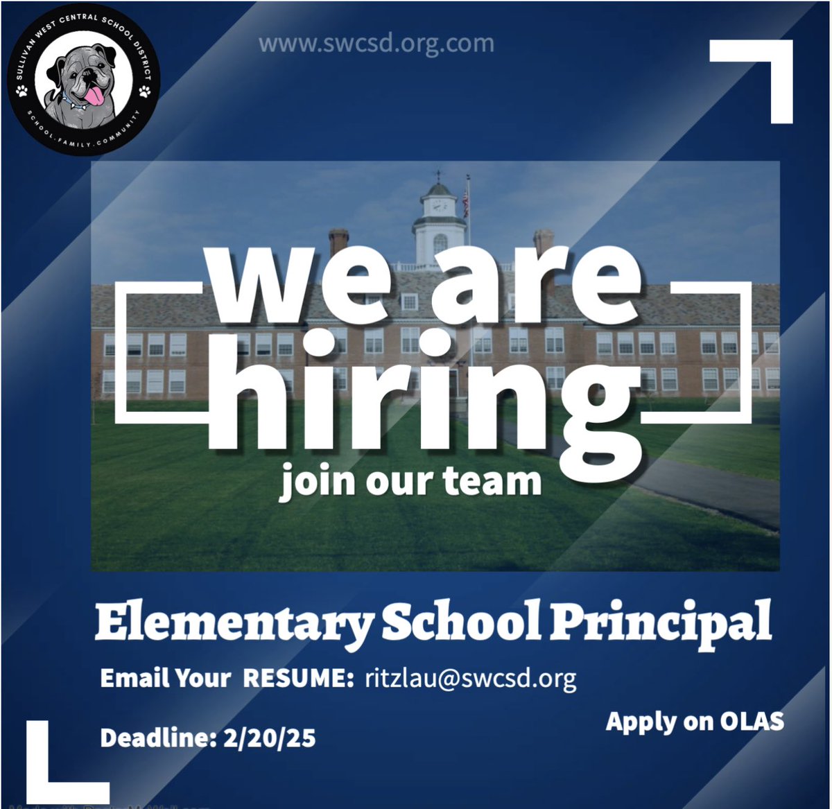 #hiring
#schoolbuildingleader 
<a href="/SullivanWestCSD/">SullivanWestCSD</a>