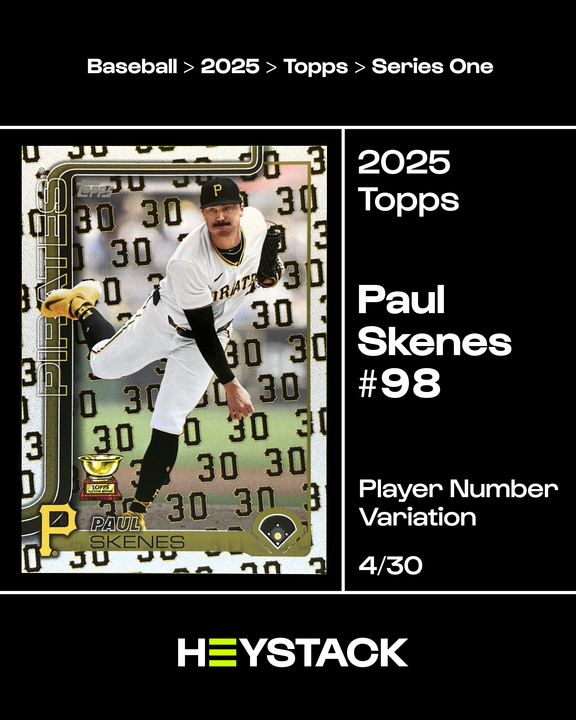 Stunning release day pull from <a href="/BourbonCityTC/">BourbonCityTradingCards</a> 
This card was imaged using The Heystack One Device and recognized using our software!

2025 Topps Paul Skenes #98 Player Number Variation 4/30

<a href="/Topps/">Topps</a>