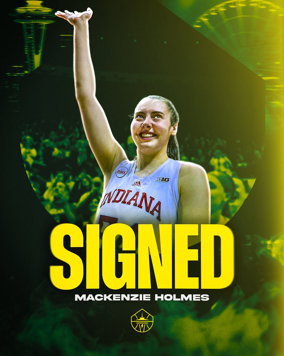 Mackenzie Holmes on a green and yellow background showing a crowd, the Space Needle, and the Seattle Great Wheel. Text beneath her reads “Signed” in yellow with her name in white text beneath. 