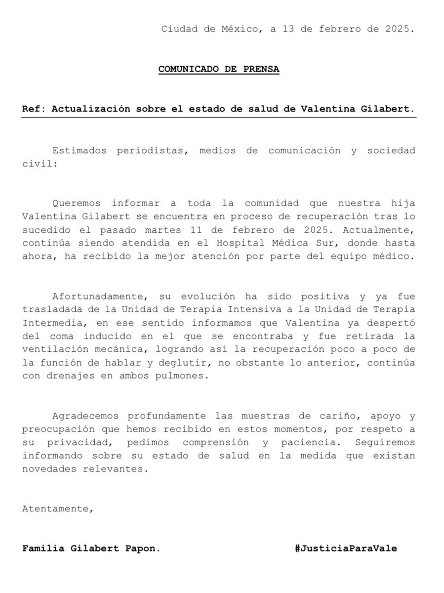 COMUNICADO DE PRENSA OFICIAL SOBRE EL ESTADO DE SALUD DE #valentinagilabert GRACIAS A TODOS POR EL APOYO!!!#justiciaparavale #JusticiaparaValentinaGilabert