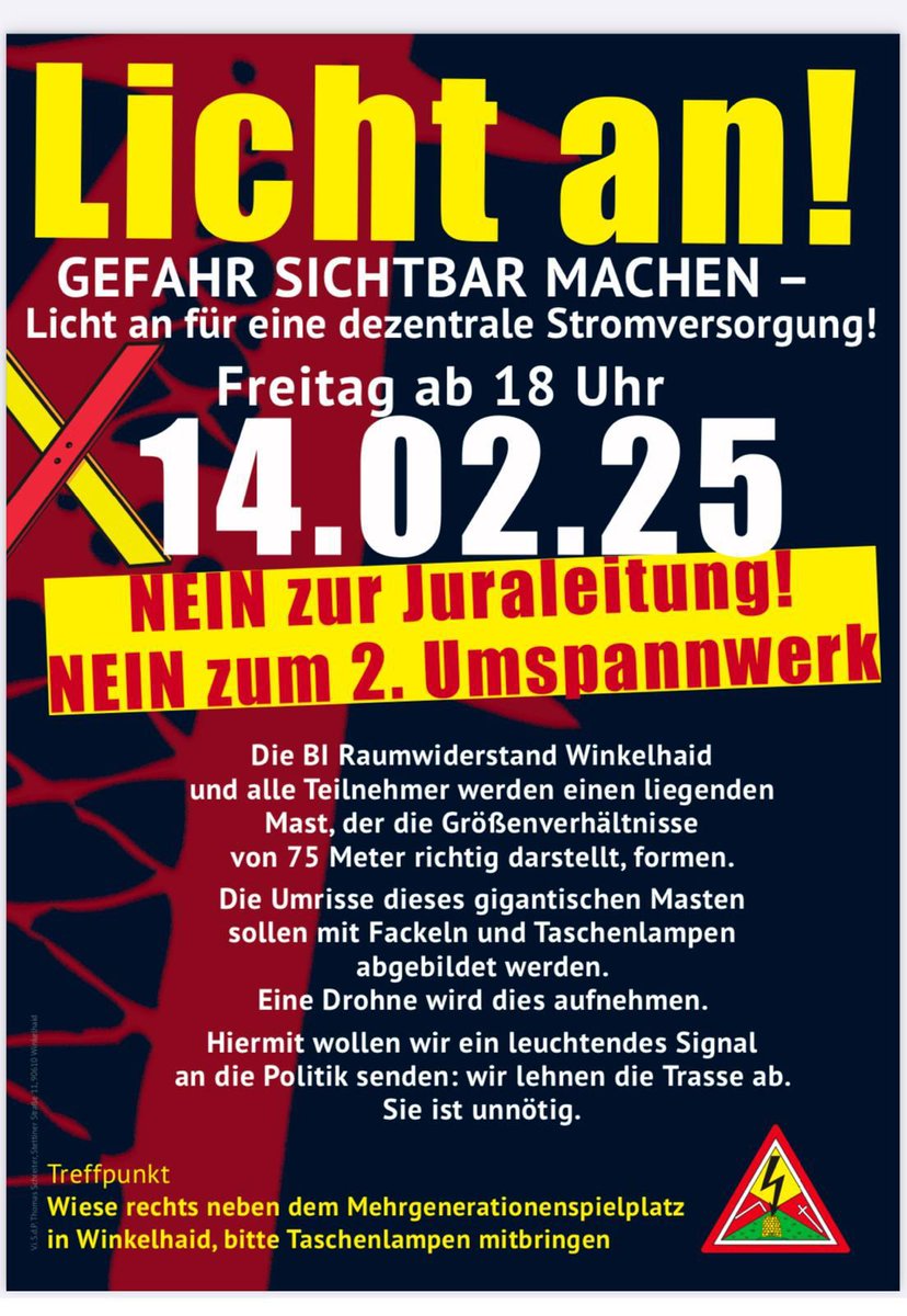 Gefahr sichtbar machen - Licht an für eine dezentrale #Energiewende. 
Nein zur #Juraleitung! 
Aktion am Freitag, 14. Februar 2025