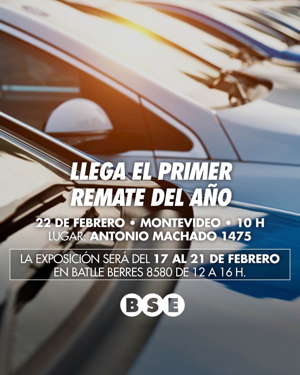 🚙 ¡Primer remate del año! ¡Te esperamos!​

Accedé al catálogo aquí 🔗: ​

bse.com.uy/portal-comerci…