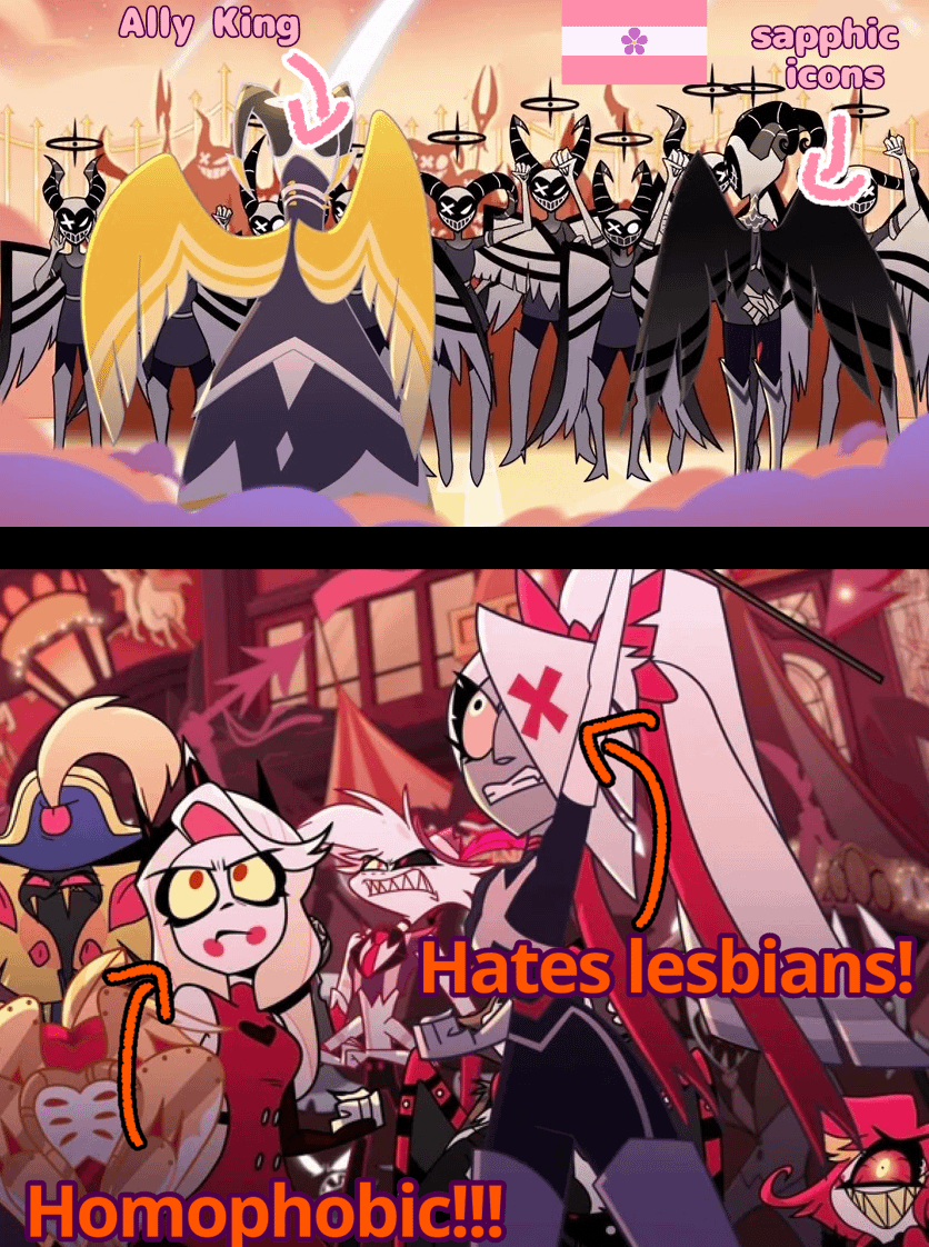 ExorcistPRteam's tweet photo. Exorcist fun fact: since (with one exception) all Exorcists are female, the rate of sapphic relationship among us is staggeringly high, making the Exorcists great LGBT+ representation, and anti-Exorcists homophobic.

#HazbinHotel #ExorcistNews #LoveWins https://t.co/x1VPmT59Qq