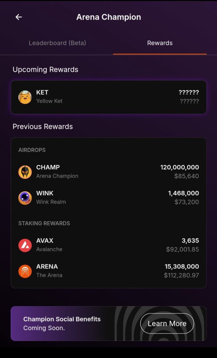 Current staking rewards for Arena Champions are updated. 

To become a Champion you need to be in the top 500 on the staking leaderboard. It costs around $1,500 currently but the badge can be gained or lost in real time depending on your rank.