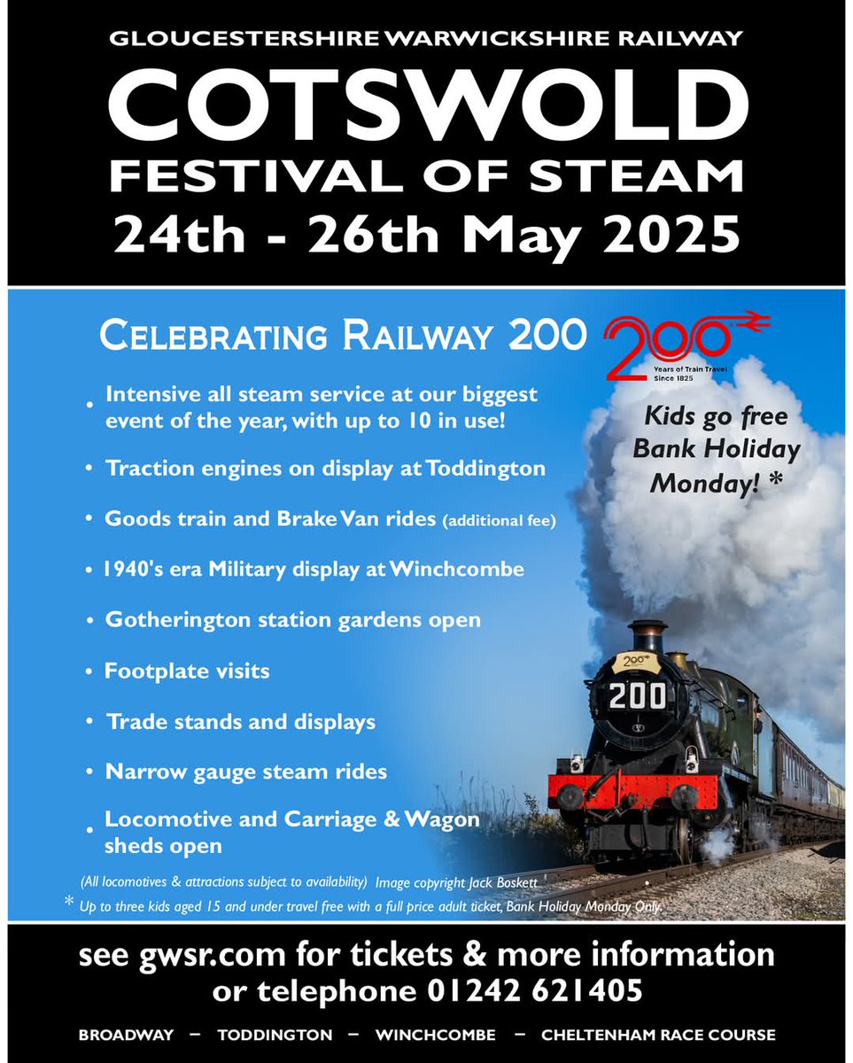 GWSR's tweet image. The Cotswold Festival of Steam 2025 is taking place from 24-26th May.
There will be plenty to see and do over the duration of the gala, with visiting steam locomotives running an intensive timetable service. We look forward to seeing you there!
gwsr.com