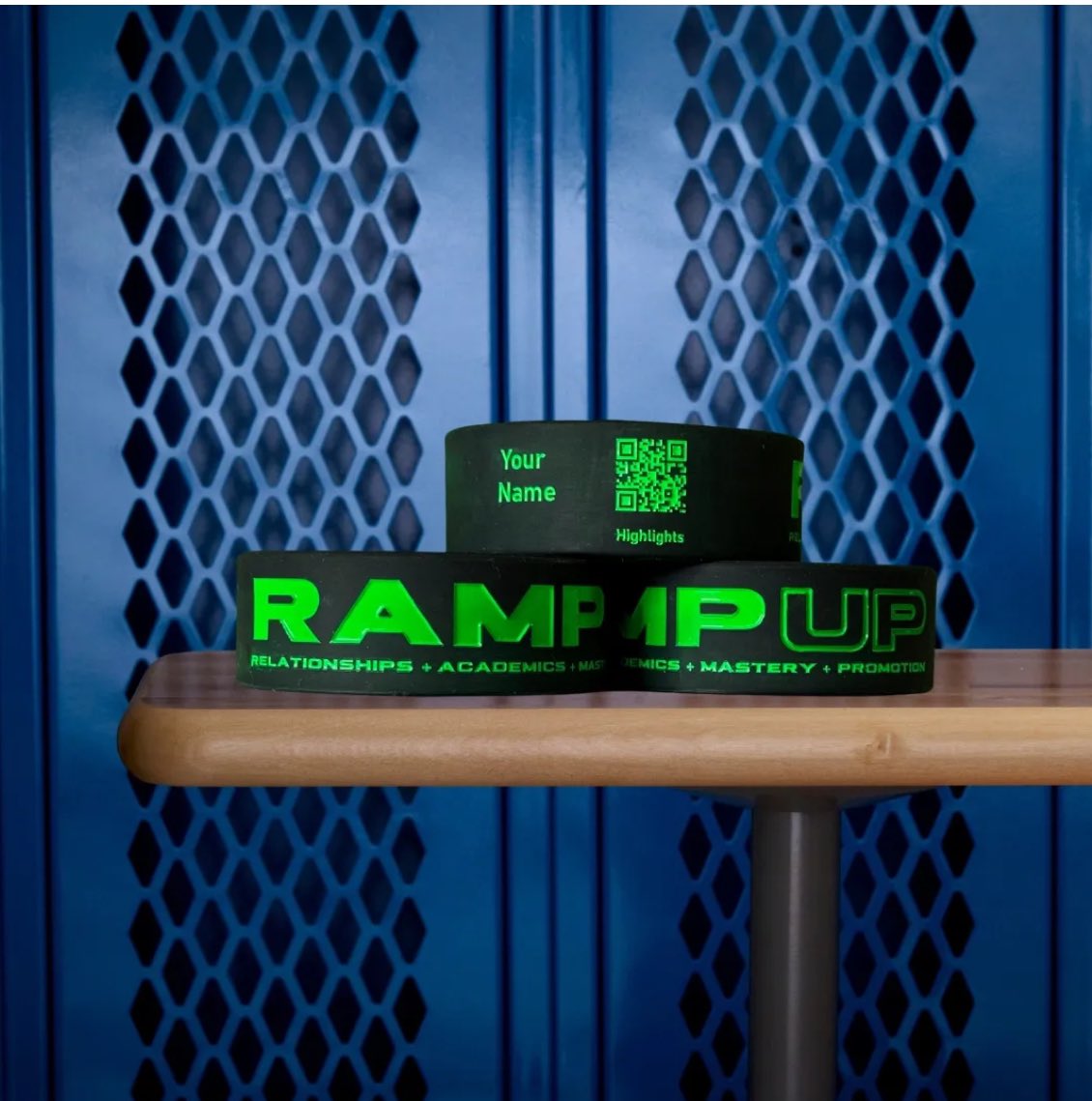 For high school athletes looking to impress college coaches and recruiters, the patent-pending RAMP Sport Band makes it easy. 

•Customized with a QR code to your online sports profile and highlight reels
•Personalized with your name 
•Made of silicone, water/sweat-resistant,