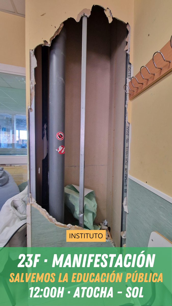Cuando decimos que Ayuso y el gobierno del PP quieren destruir la educación pública, no lo decimos de manera metafórica. El 23 de febrero vamos a tomar las calles para exigir condiciones dignas y seguras para las trabajadoras y estudiantes. #salvamoslapublica👇