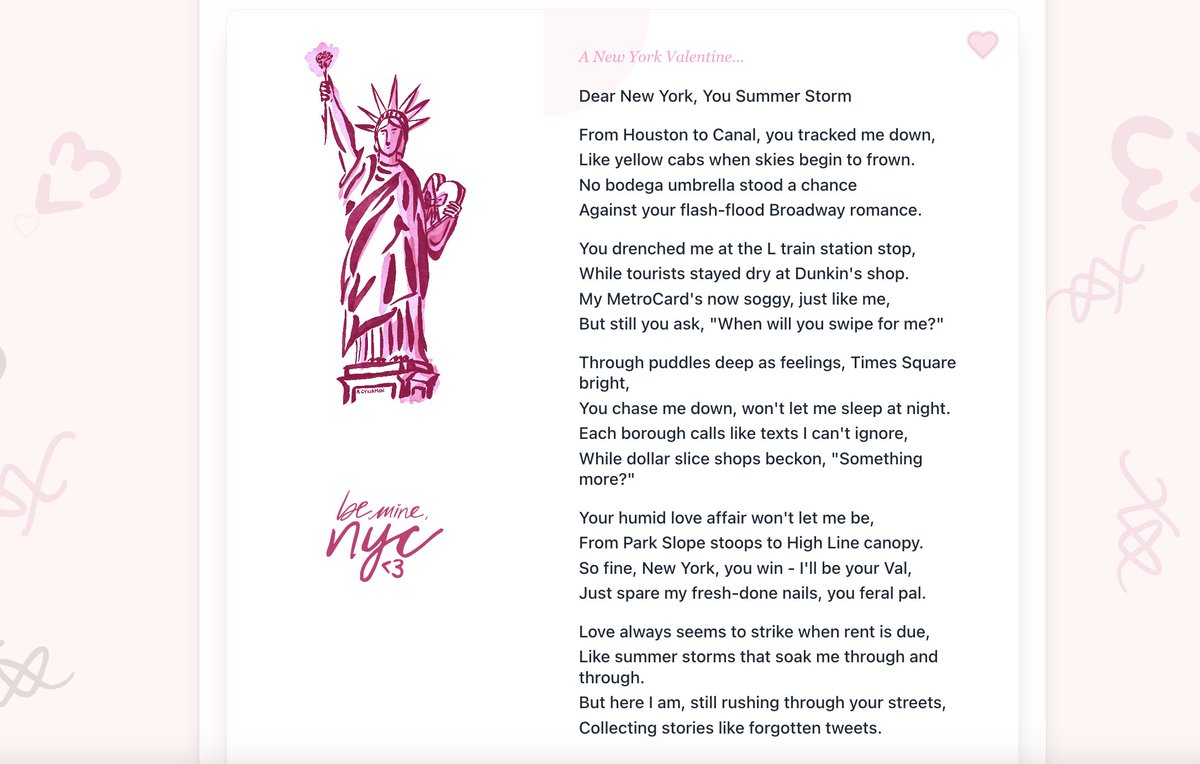bethanymarz's tweet photo. oh hai, New Yorkers,  i made you a custom Valentine's Day generator for you to write love poems about NYC 
🌆💌

it's part of a project from 2022, @bemine_nyc 💕

you can make one for yourself, make one for a friend, or make one for a stranger <3

https://t.co/wH14viRqvX https://t.co/D6HUHb9k7v