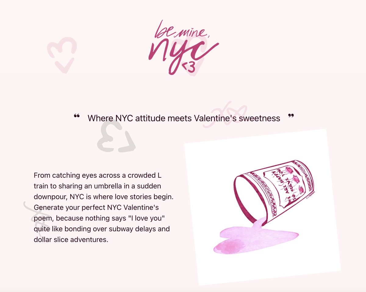 bethanymarz's tweet photo. oh hai, New Yorkers,  i made you a custom Valentine's Day generator for you to write love poems about NYC 
🌆💌

it's part of a project from 2022, @bemine_nyc 💕

you can make one for yourself, make one for a friend, or make one for a stranger <3

https://t.co/wH14viRqvX https://t.co/D6HUHb9k7v