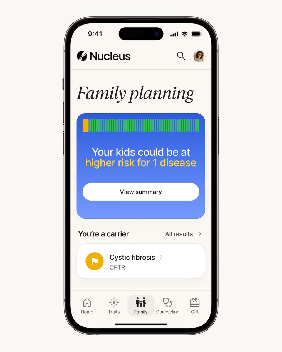 KianSadeghi5's tweet photo. I'm excited to announce we've shipped the largest update ever to our platform: Nucleus Family.

Nucleus family enables couples to see how genetically compatible they are. Our platform lets you calculate your future baby’s risks for disease in real time.

Nearly every person reading this tweet has a genetic marker for a condition that doesn’t impact their health — but could impact their children.

With the world’s most advanced DNA health test, we can look at over 900 conditions — more than double any other clinical genetic test on the market — so you can have kids with clarity.

All current users will automatically get their results in their portals. Couples can now also sign up for Nucleus together. Link to our landing page is below.