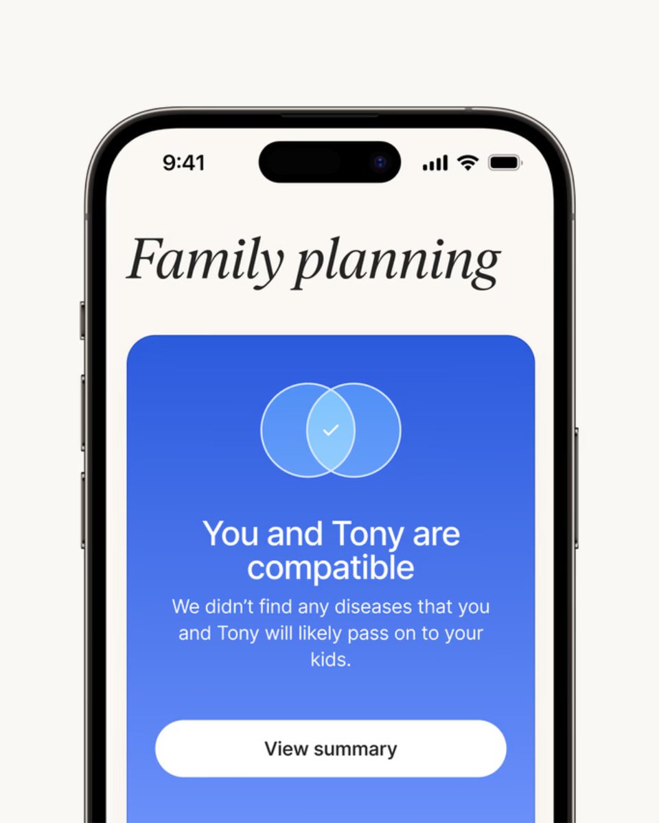 KianSadeghi5's tweet photo. I'm excited to announce we've shipped the largest update ever to our platform: Nucleus Family.

Nucleus family enables couples to see how genetically compatible they are. Our platform lets you calculate your future baby’s risks for disease in real time.

Nearly every person reading this tweet has a genetic marker for a condition that doesn’t impact their health — but could impact their children.

With the world’s most advanced DNA health test, we can look at over 900 conditions — more than double any other clinical genetic test on the market — so you can have kids with clarity.

All current users will automatically get their results in their portals. Couples can now also sign up for Nucleus together. Link to our landing page is below.