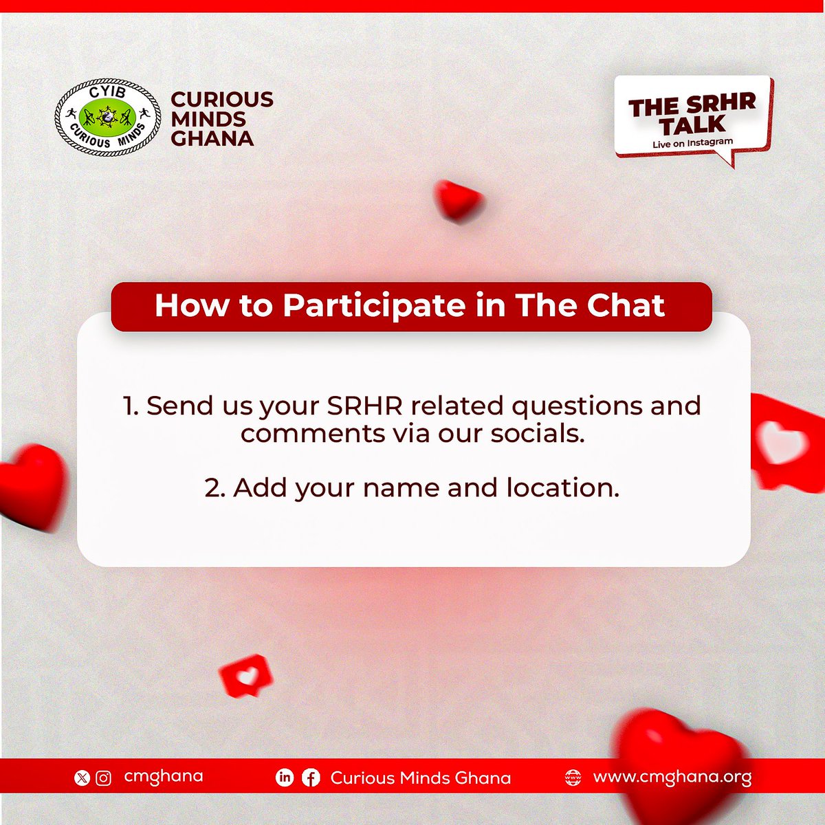 Join The SRHR Talk! 🗣️💬

<a href="/cmghana/">Curious Minds Ghana</a> brings you a LIVE Instagram discussion with Mavis Aryee &amp; Hannatu Kobiah on SRHR! 

📅 Feb 14, 2025 | ⏰ 3:00 PM
📍 Instagram Live (<a href="/cmghana/">Curious Minds Ghana</a>)

Got questions? Send them with your name &amp; location via our socials! 

#CMGhana #ValentinesDay