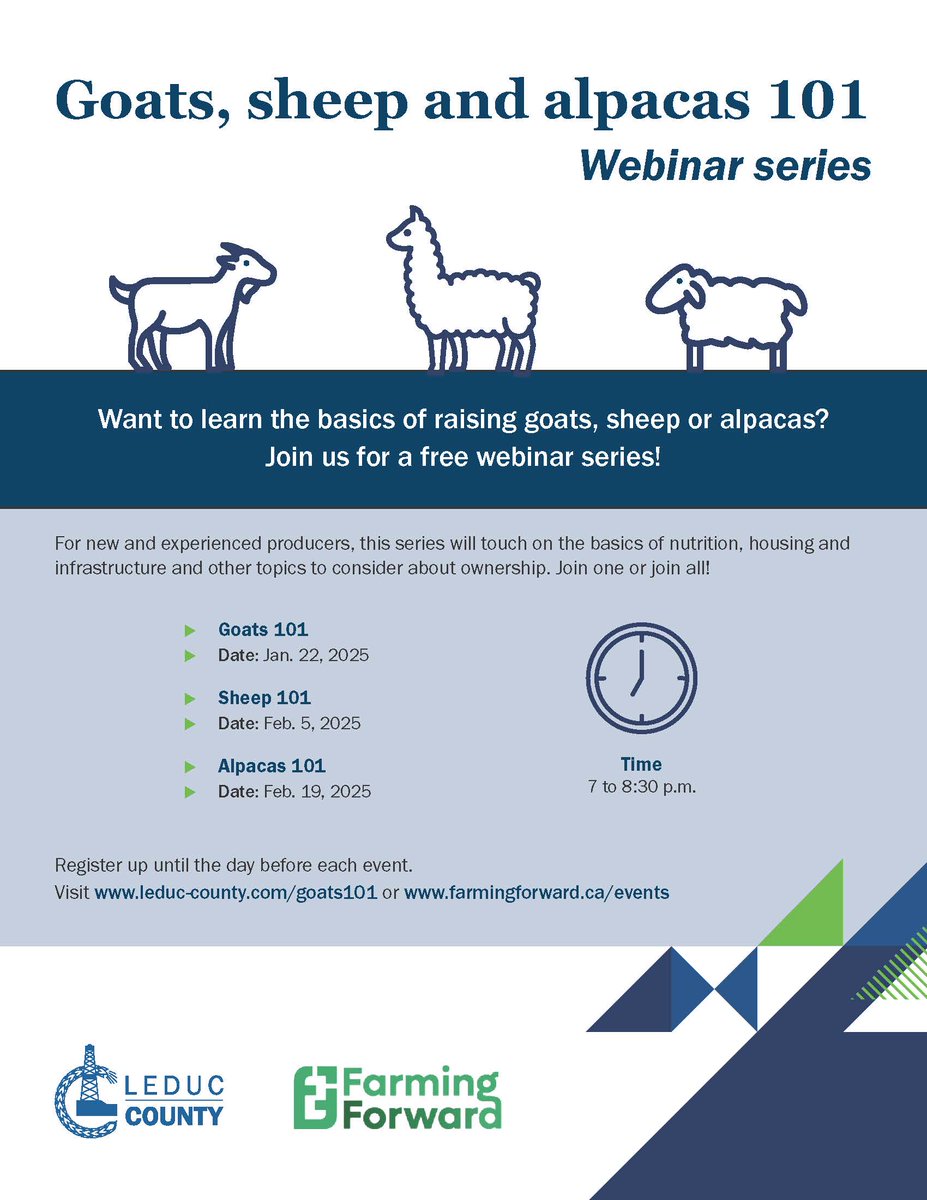 Want to learn the basics of raising alpacas? 🦙 Register for this free webinar series! leduc-county.com/goats101 or farmingforward.ca/events