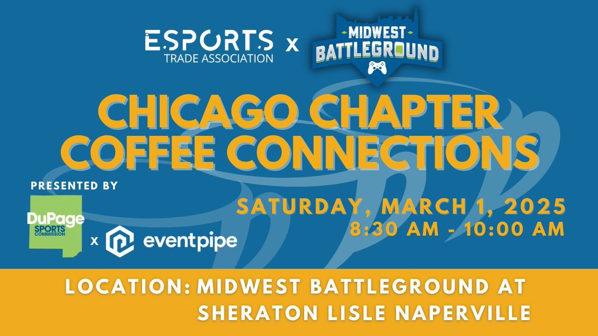 Chicago esports pros—Let’s talk shop and enjoy complimentary hor d'oeuvres during Coffee Connections at the Midwest Battleground w/ <a href="/DuPage_Sports/">DuPage Sports Commission</a> and <a href="/GetEventPipe/">EventPipe</a>. RSVP here: buff.ly/3Ee9iVQ