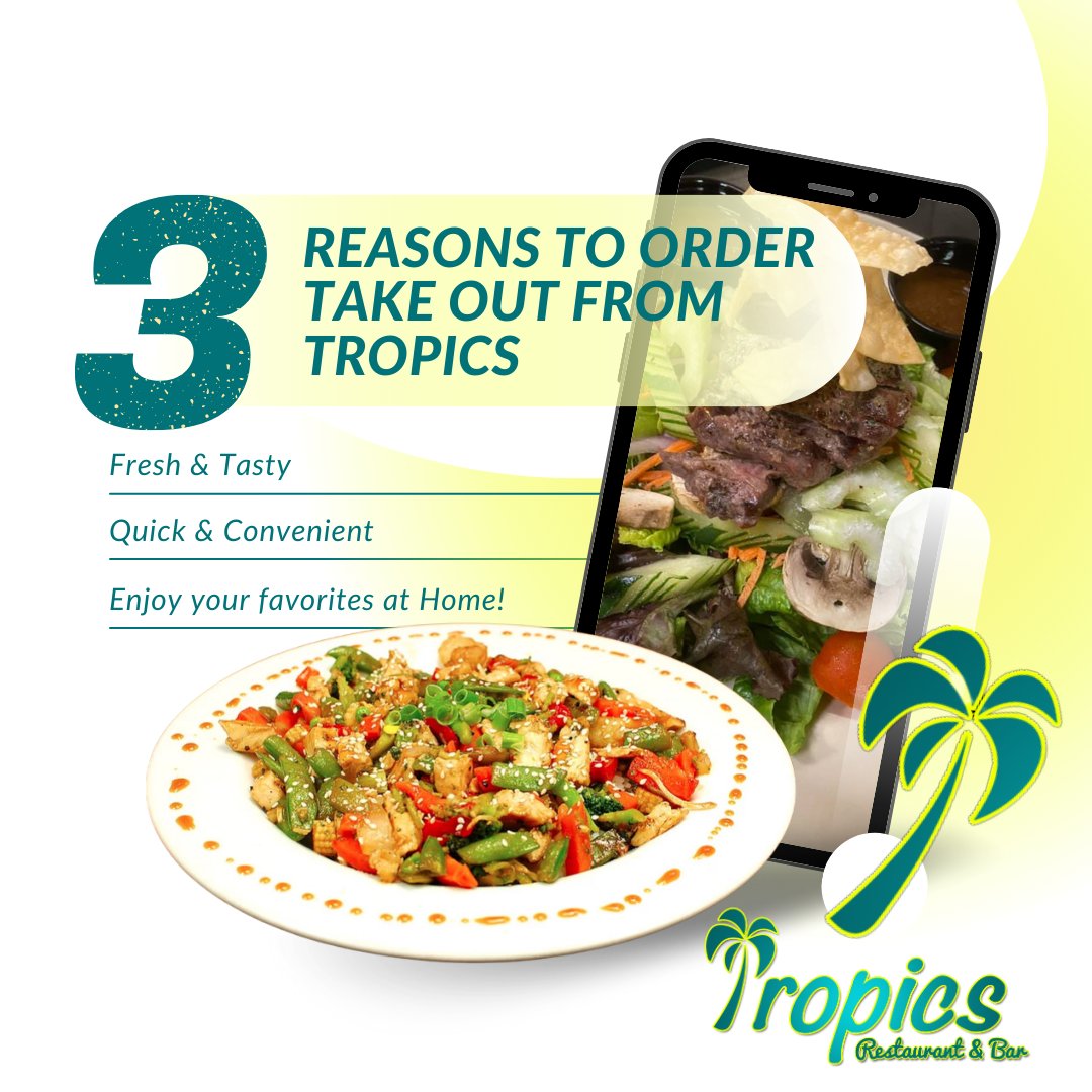 Skip the line and call ahead for takeout! 🚗 Your Tropics meal will be hot, fresh, and ready for you to enjoy at home. #TropicsWV #OrderAhead #TakeoutMadeEasy