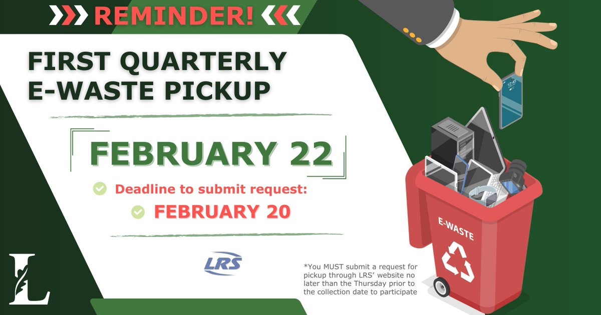 ❗Reminder ❗Lincolnshire offers quarterly e-waste collection through <a href="/LRSrecycles/">LRS</a> free of charge. The first collection is next week. You MUST schedule an appointment to participate. Schedule your February pickup using this link: buff.ly/3sKDj7d