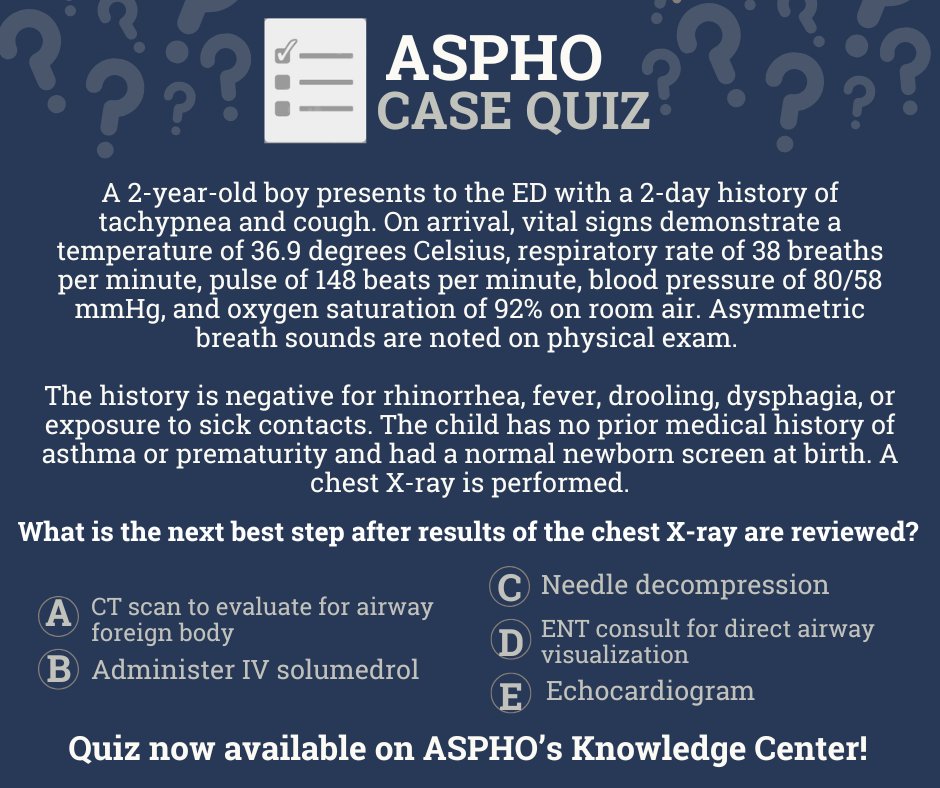 ASPHO_hq's tweet image. Test your knowledge with the February Case Quiz! Based on the clinical presentation, what do you think is the best next step after reviewing the X-ray? View the results tomorrow.

View the full case quiz here: survey.alchemer.com/s3/8156682/ASP… 

#PHODocs #PedsHemeOnc #peds