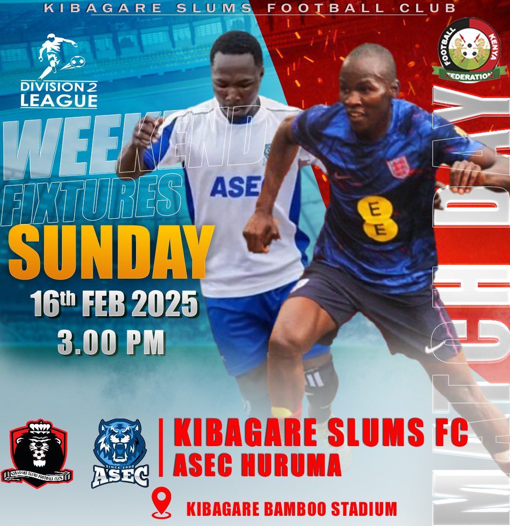 🏆FKF DIVISION 2 LEAGUE  
KIBAGARE SLUMS FC 🆚 ASEC HURUMA 
🗓️ SUNDAY 16/02/2025
⏰3️⃣PM
🏟️KIBAGARE BAMBOO STADIUM
#SlumKings🦁💪🏿
#overcomethroughsport #kibagaregottalent 
#TeamNiNjegaa
#kibagarebamboostadium #kibagaresuccessstory
#KibagareLoyalFans
#kibagareourmotherland