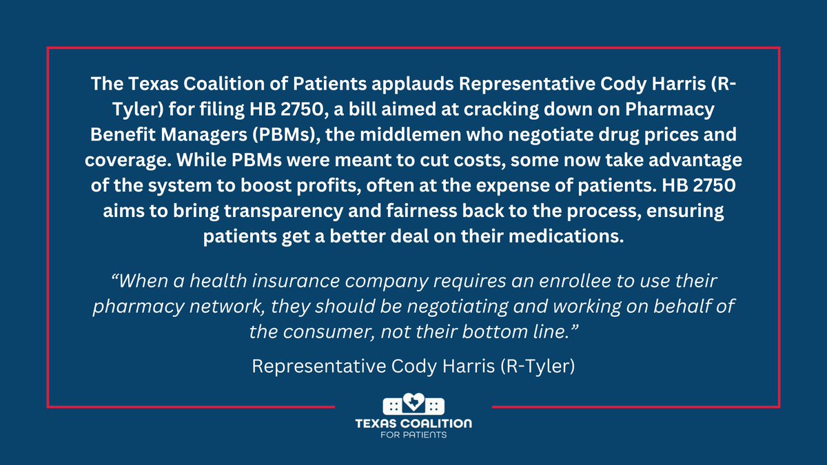 txpatients's tweet image. @CodyForTexas (Rep. Harris) files HB 2750 to hold Pharmacy Benefit Managers accountable by ensuring patients are treated fairly and not overcharged on their medications. Thank you, Rep. Harris, for putting #TexasPatientsOverProfits. 

ow.ly/JwbJ50UZCOl #txlege