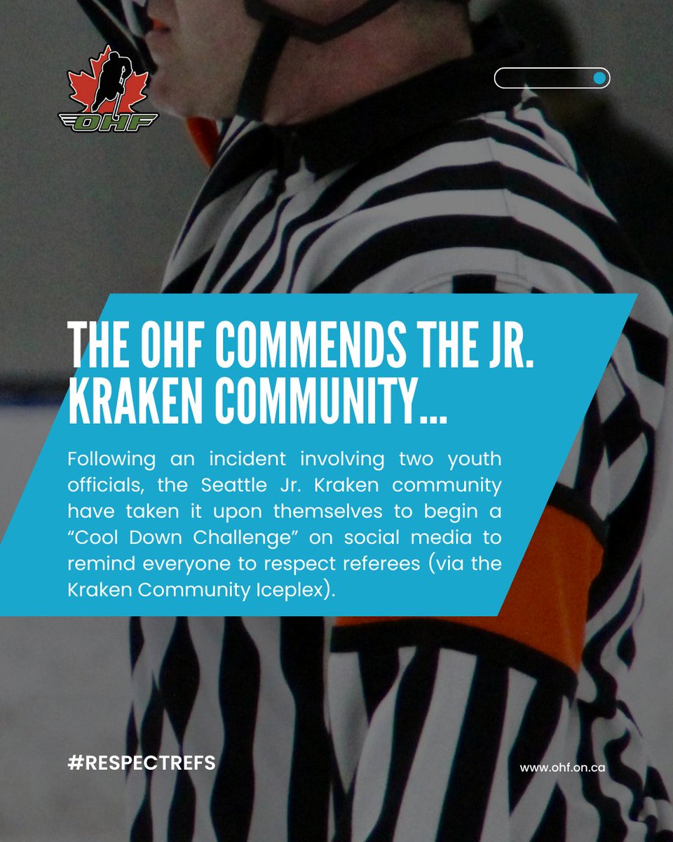 OHFHockey's tweet image. It's time to cool down.

The OHF commends the @SeattleKraken, @KrakenIceplex, and the Jr. Kraken community. In support, we're challenging our players, coaches, and spectators to participate in the Cool Down Challenge and show how they #RespectRefs. ⚫️⚪️