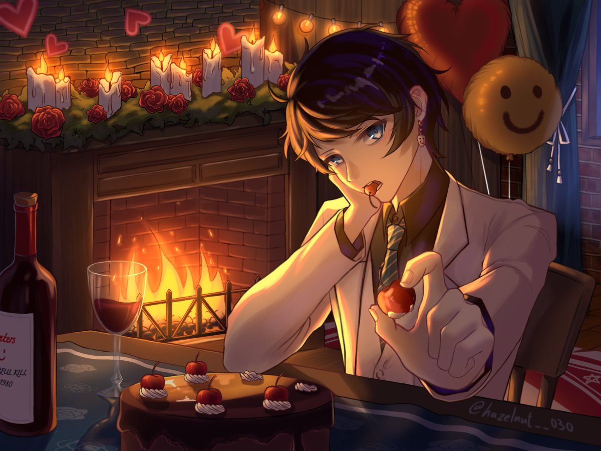 「...喂，別發呆了，難得我趁着節日好好打扮佈置一下...」
「嗯？你說你沒想到我這麼浪漫？」
「才...沒有呢...先吃顆櫻桃再說吧！」
#bloodypainter #血腥画家 #情人節