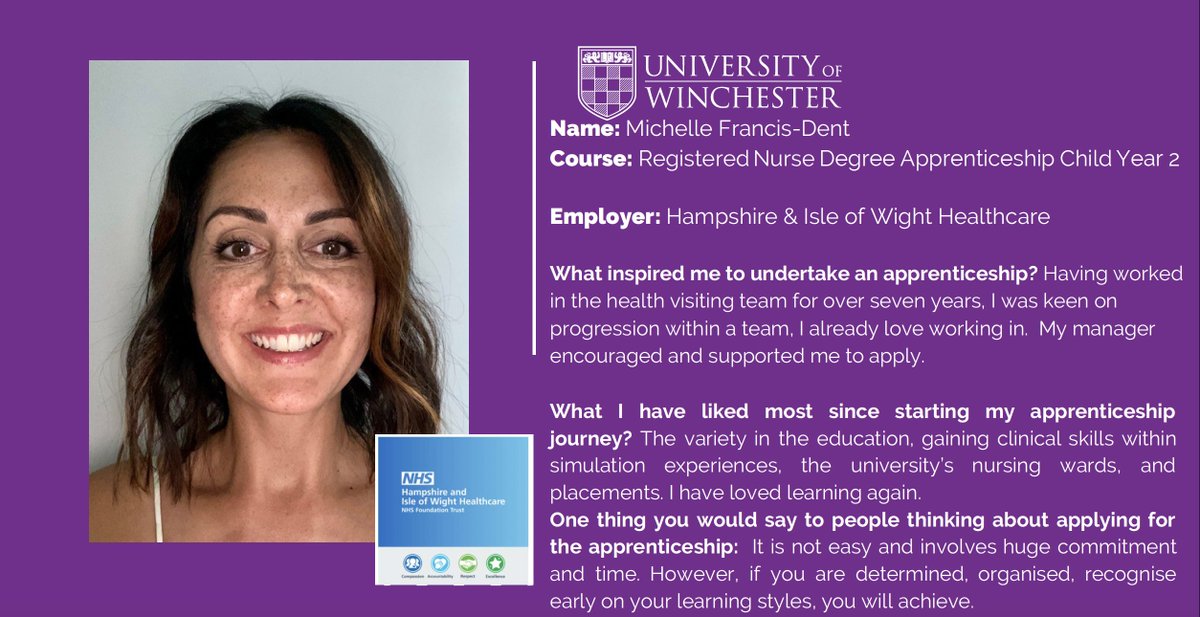 Featuring our Fantastic Apprentices <a href="/_UoW/">University of Winchester</a> throughout #NAW2025 

Michelle Francis-Dent, 2nd Year RNDA, Child field <a href="/HIOWH_NHSFT/">Hampshire and IOW Healthcare NHS Foundation Trust</a> 

Michelle points out an apprenticeship allows you to continue to work within a team you love, with a manager who encourages &amp; supports your progression