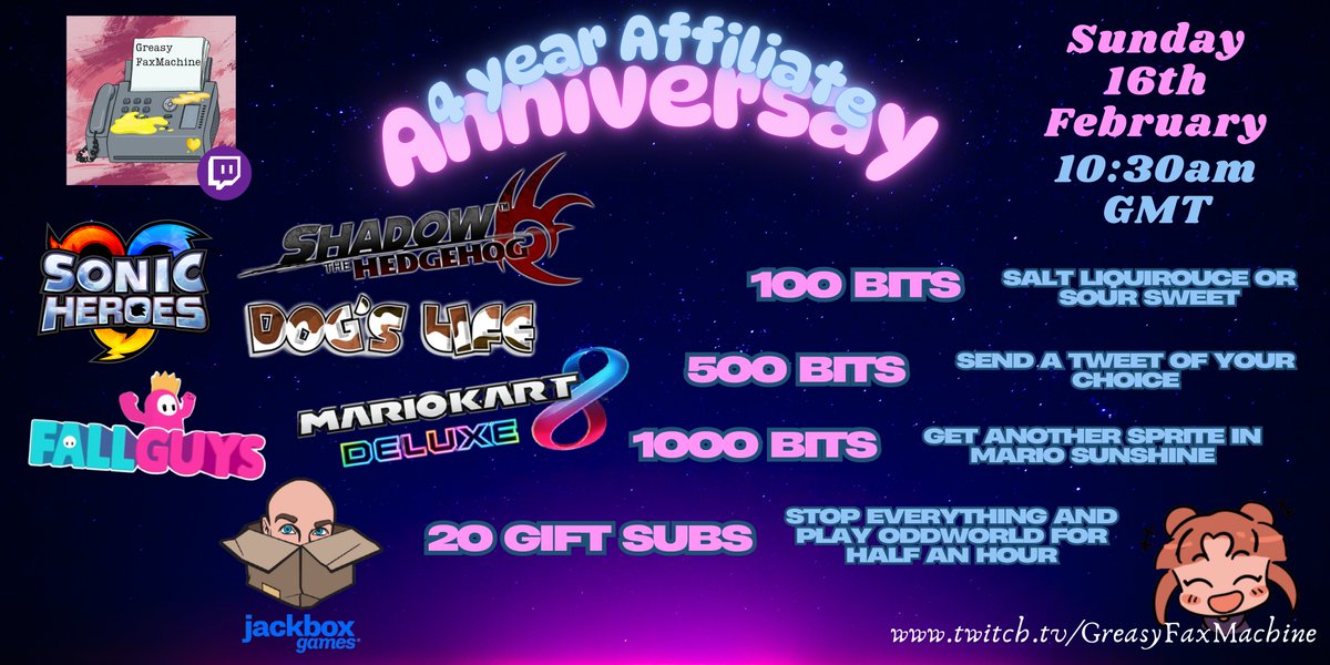 Today is my official 4 year affiliate anniversary on Twitch, which is CRAZY to me!!! I cannot celebrate until Sunday however. So please, join me if you can this Sunday for a celebration of my time and journey on Twitch <3 Thank you for all the support <3