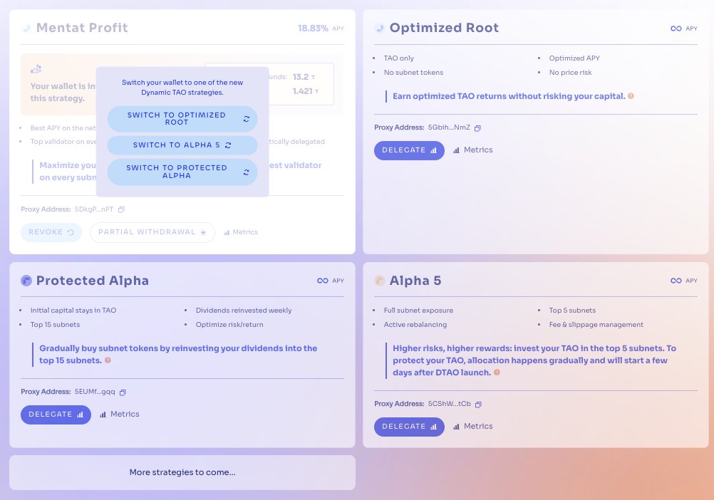 Choose your DTAO strategy now with Mentat Minds 👇

Want exposure to Subnet tokens? We’ll allocate your stake Gradually, managing slippage &amp; volatility. Until then, you’re staked on Root. 

Want to stay in Root? We have a strategy for you too 🤝

🔥Current users: Go Switch Now 🔥