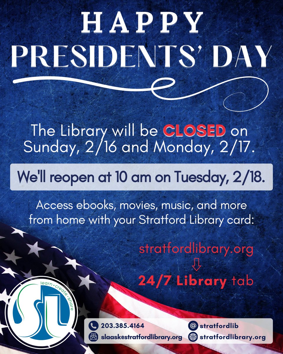 The Library is open from 10 am to 5 pm today and tomorrow but will be closed on Sunday (2/16) and Monday (2/17) for #PresidentsDay. We'll reopen at 10 am on Tuesday, 2/18. The Library never truly closes, though! Access our 24/7 Library anytime, anywhere: tinyurl.com/bd7jx8wz.